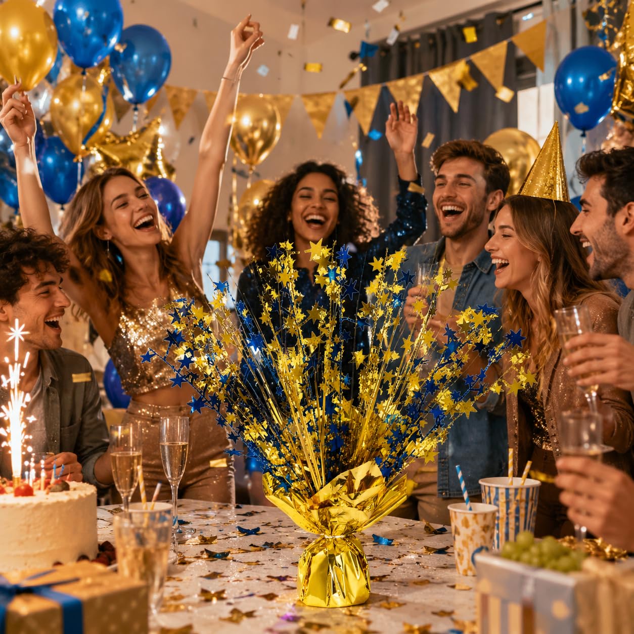 6 Pack Metallic Foil Spray Centerpiece Stars for Wedding, Birthday, Anniversary, Christmas Table Decor, Holiday Festival Baby Shower Graduation Mantle Party Decorations (Gold&Blue)