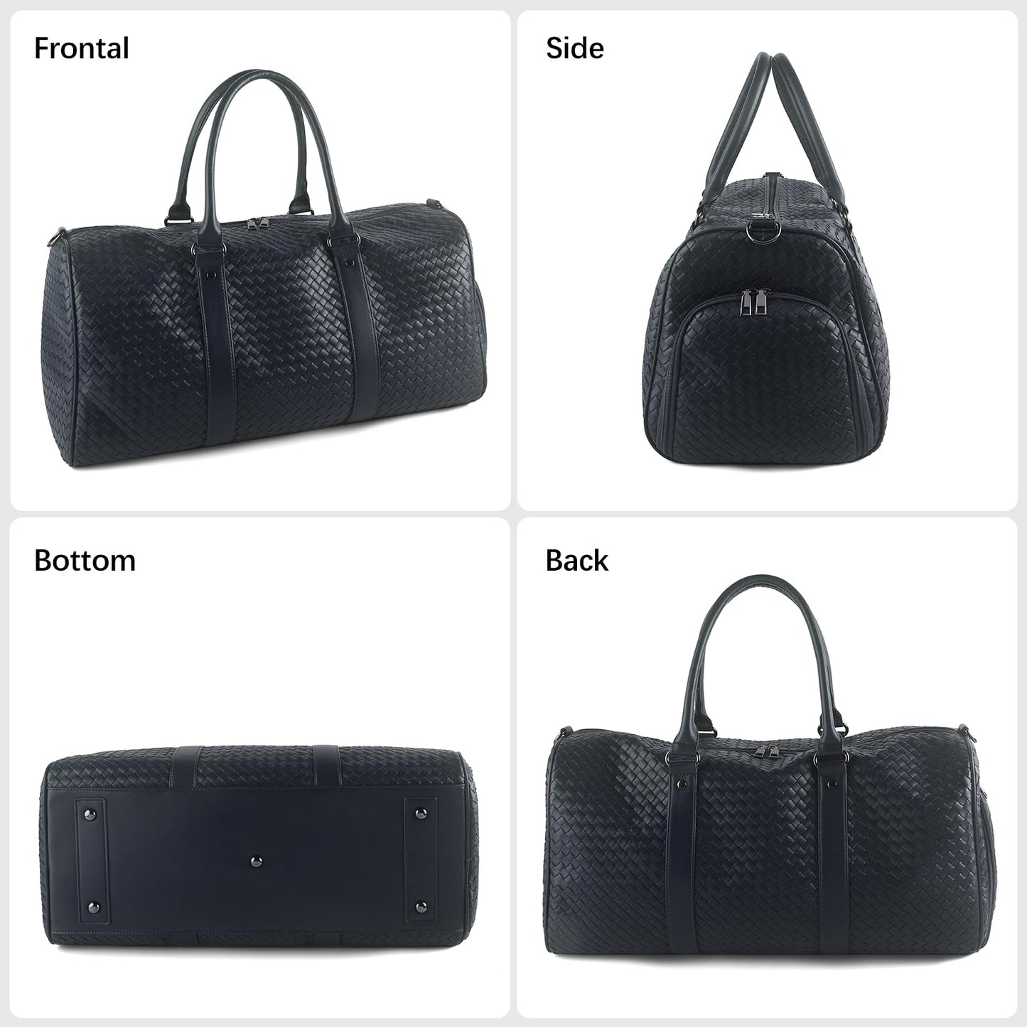 Weekender Bags for Women Woven Leather Travel Duffle Bag with Shoe Compartment, Carry On Garment Bag for Men Women, Large Capacity Water-resistant Gym Tote (Dark Blue)