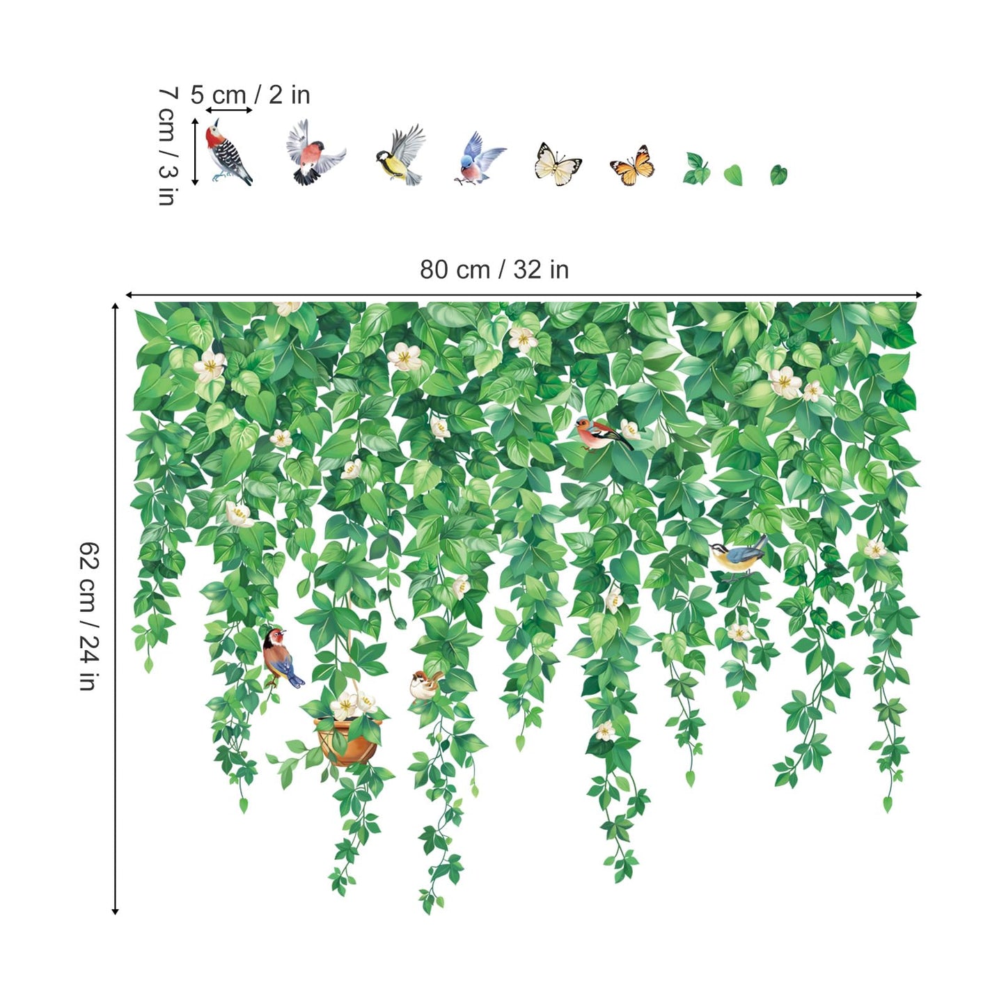 wondever Hanging Vine Eucalyptus Leaves Window Clings Green Plants Leaves Birds Glass Sticker Decal Anti Collision Double-Side Static Window Stickers for Home Glass