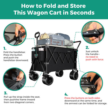 SUNNYFEEL 550LBS Collapsible Wagon Cart - Heavy Duty Push Pull Foldable Wagon with Dual Handles and Big Wheel,Utility Cart with Rear Tailgate for Camping, Fishing, Gardening, Shopping, Black