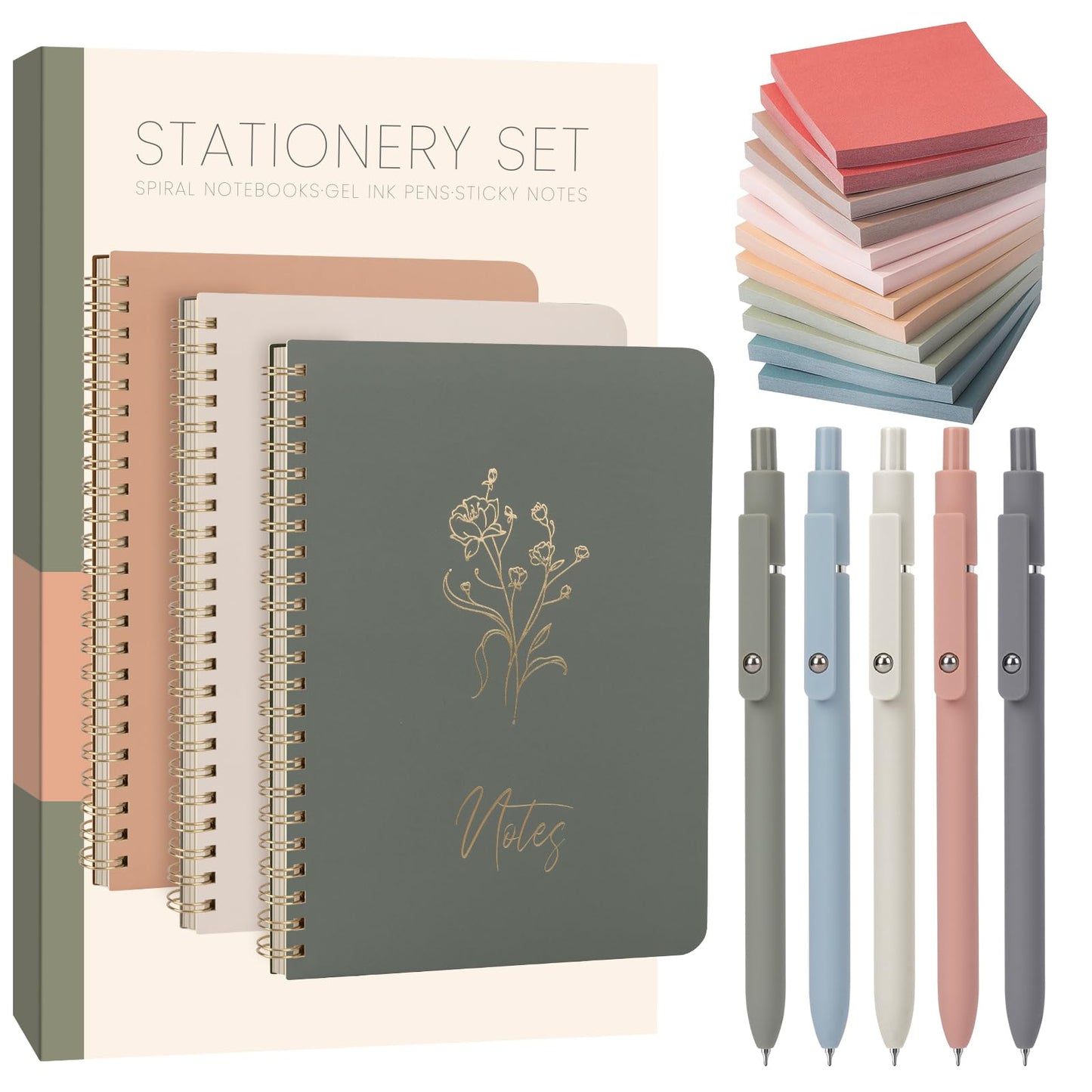 ALKALO Cute Spiral Notebook Set For Women, Bible Journal Set, 3 Pack A5 Spiral Notebook + 5 PCS Gel Pens + 600 Sticky Notes + Gift Box, Aesthetic Gift Set for Work Students School Office Supplies