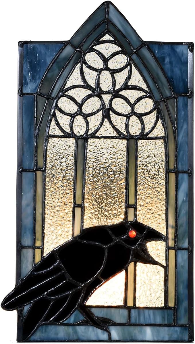 Bieye L10955 Raven Calling Outside The Gothic Window Tiffany Style Stained Glass Wall Sconces Night Light for Home Decor