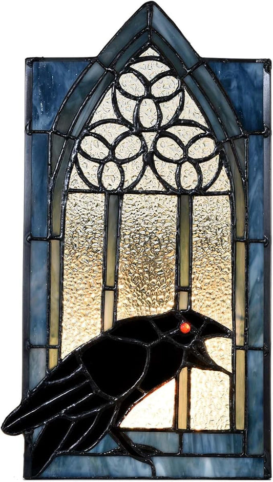 Bieye L10955 Raven Calling Outside The Gothic Window Tiffany Style Stained Glass Wall Sconces Night Light for Home Decor