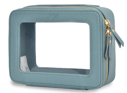 NGIL Clear Faux Leather Travel Toiletry Bag, Makeup Bag Organizer for Women, Clear Window & Gold Zipper Makeup Bag, Road Trip Essential, Skincare, Cruise Ship Essentials (Blue)