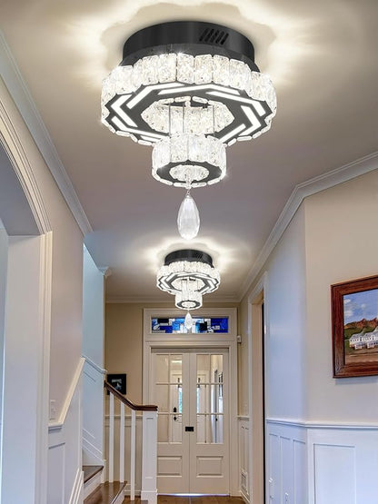 Flashing God 12" Modern Crystal Chandeliers Black Flush Mount Ceiling Chandelier Mini Chandelier for Hallway LED Dimmable Crystal Pendant Light for Dining Room Living Room Bedroom