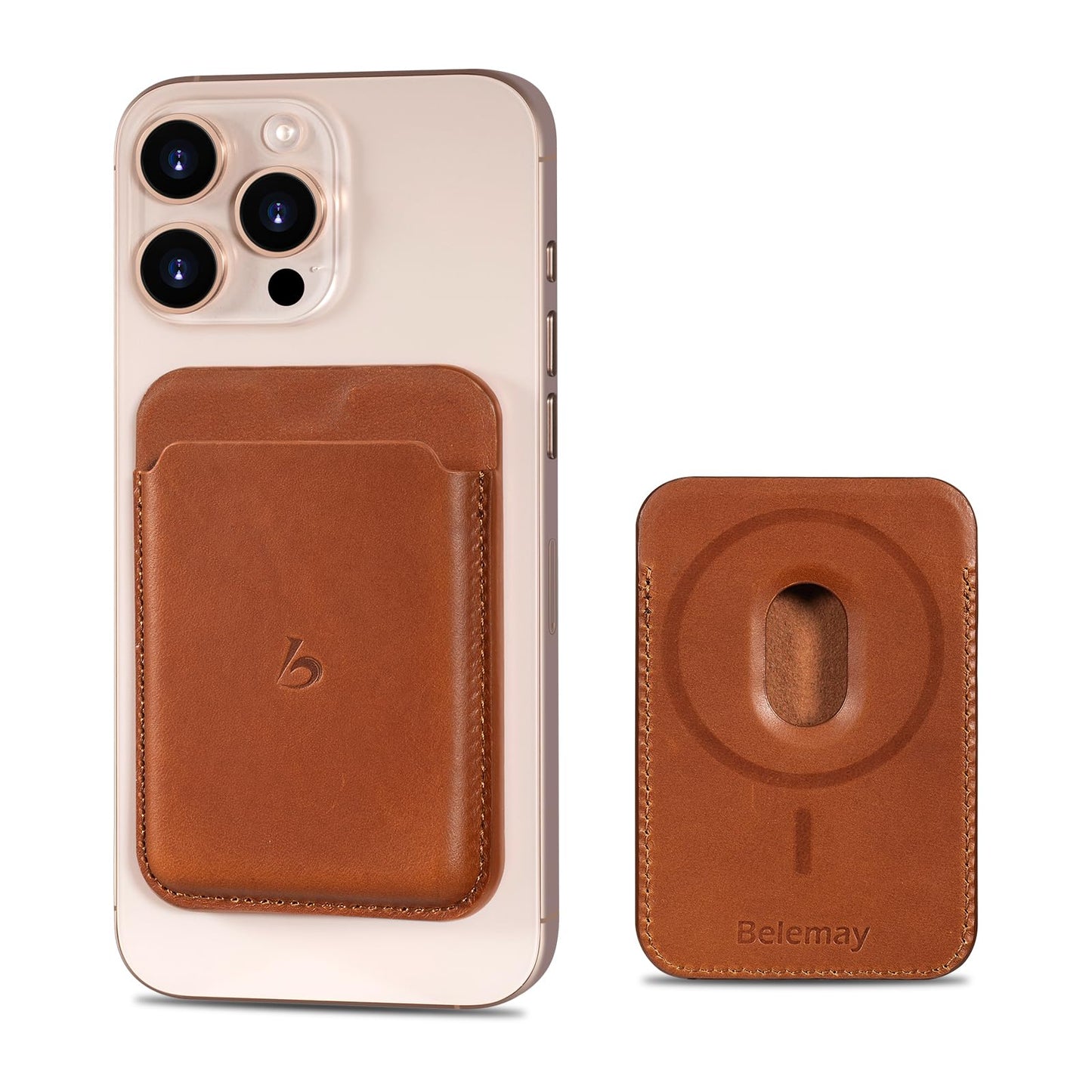 Belemay Strong Magnetic Wallet Compatible with Magsafe, Luxury Minimal Card Holder for 1-2 Cards, Premium Full-grain Smooth Leather Compatible with iPhone 17/16/15/14/13/12 series&MagSafe cases, Brown