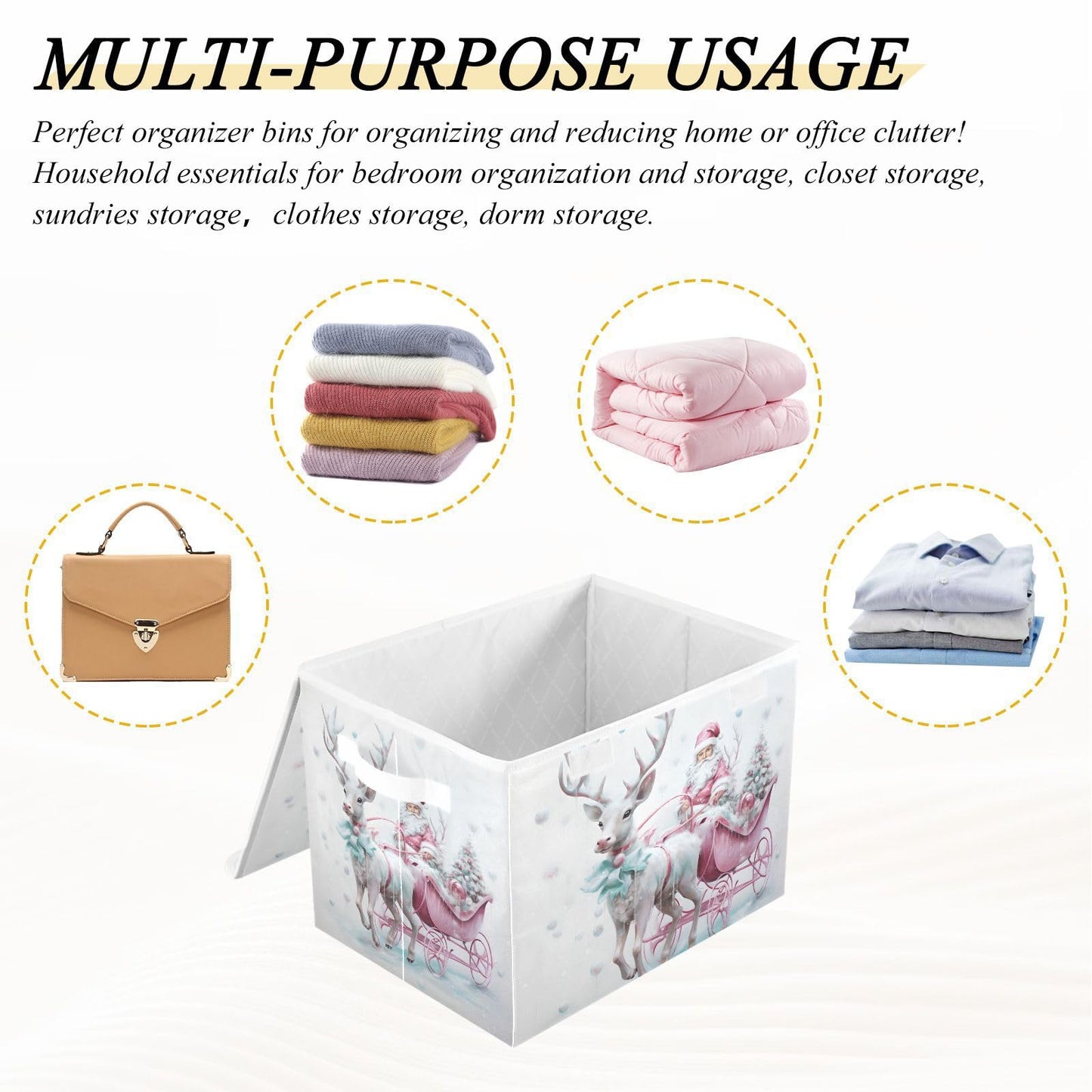 Christmas Baskets Collapsible Storage Bins with Lids, Christmas Santa Claus Pink Reindeer Storage Boxes Clothes Baskets for Organizing