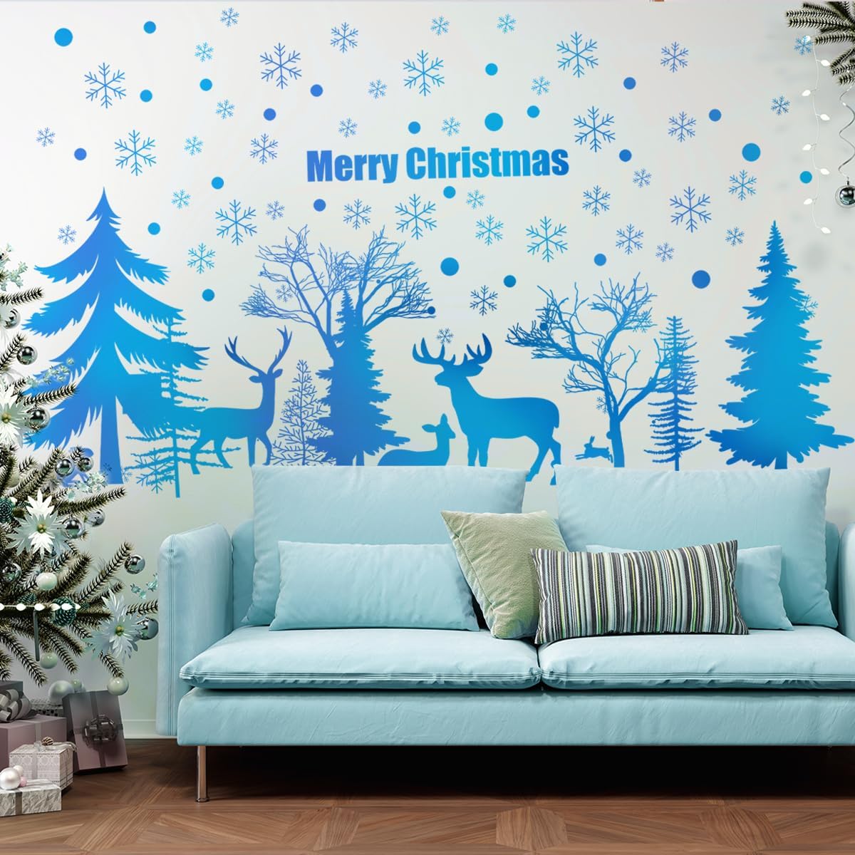 52.87x30.07 Inch Blue Merry Christmas Tree Deer Snowflake Wall Sticker - Removable Forest Animals Art Wall Sticker for Christmas Party Supplies Home Decor