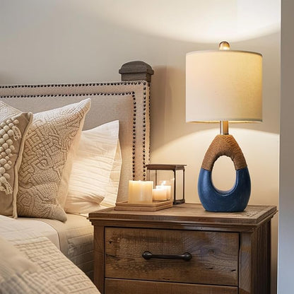 OYEARS 19" Table Lamp for Living Room,Boho Lamp for Bedroom, Bedside for Nightstands, Suitable for Small Space,Coastal Farmhouse, End Table, Rattan Nautical Beach Style, Blue,1 Pack