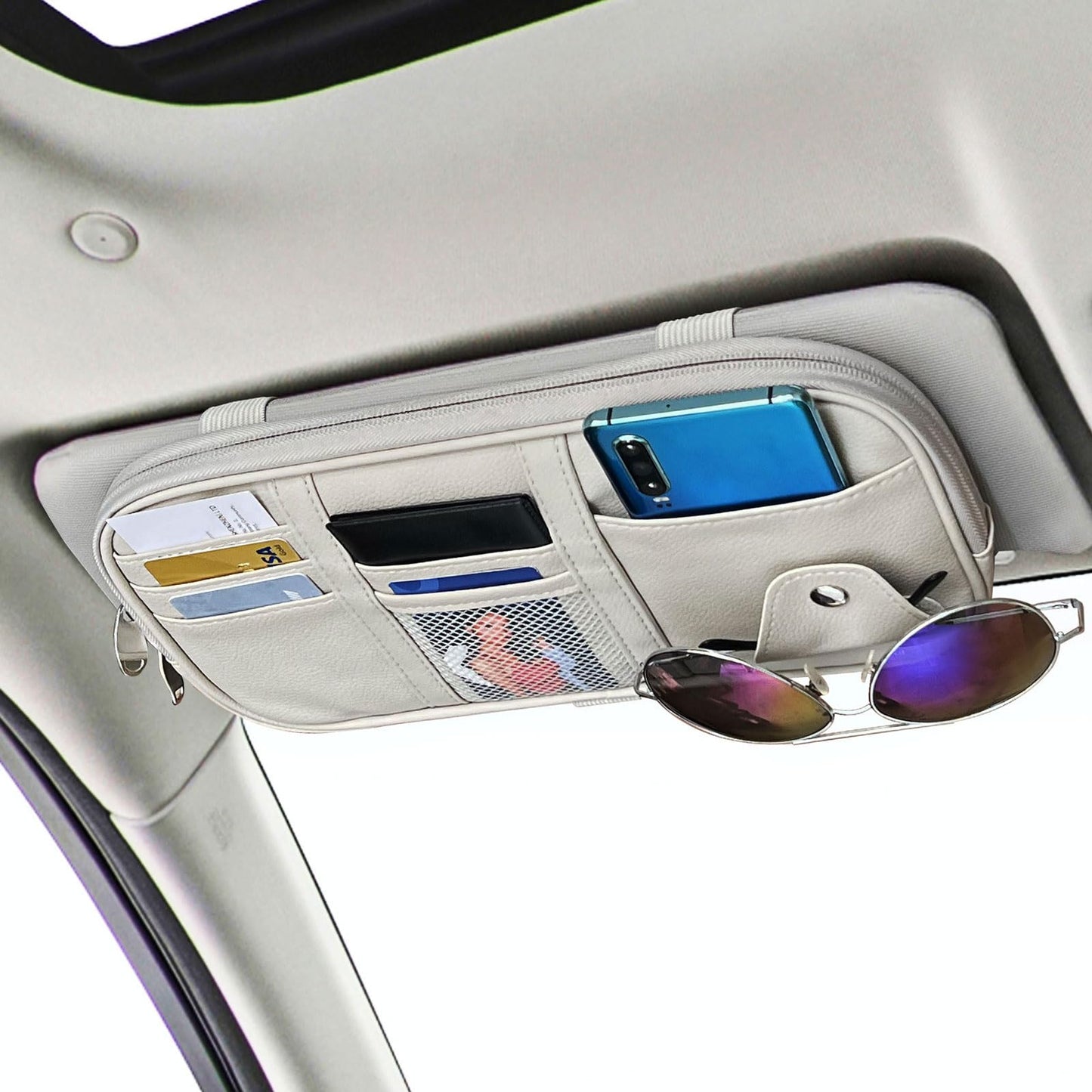 Da by Car Visor Organier Truck SUV Sun Visor Storage Pocket PU Leather Pouch Holder with Multi-Pocket Double Zipper Net Pocket, for Cards Pens Sunglasses Document (Cream Grey)