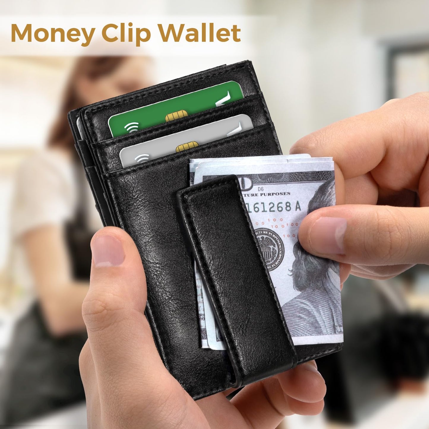 RUNBOX Magnetic Closure Slim Wallet for Men, Leather Front Pocket Wallet Holds 12 Cards, Rfid Blocking Card Wallet with Money Clip, Gifts for men