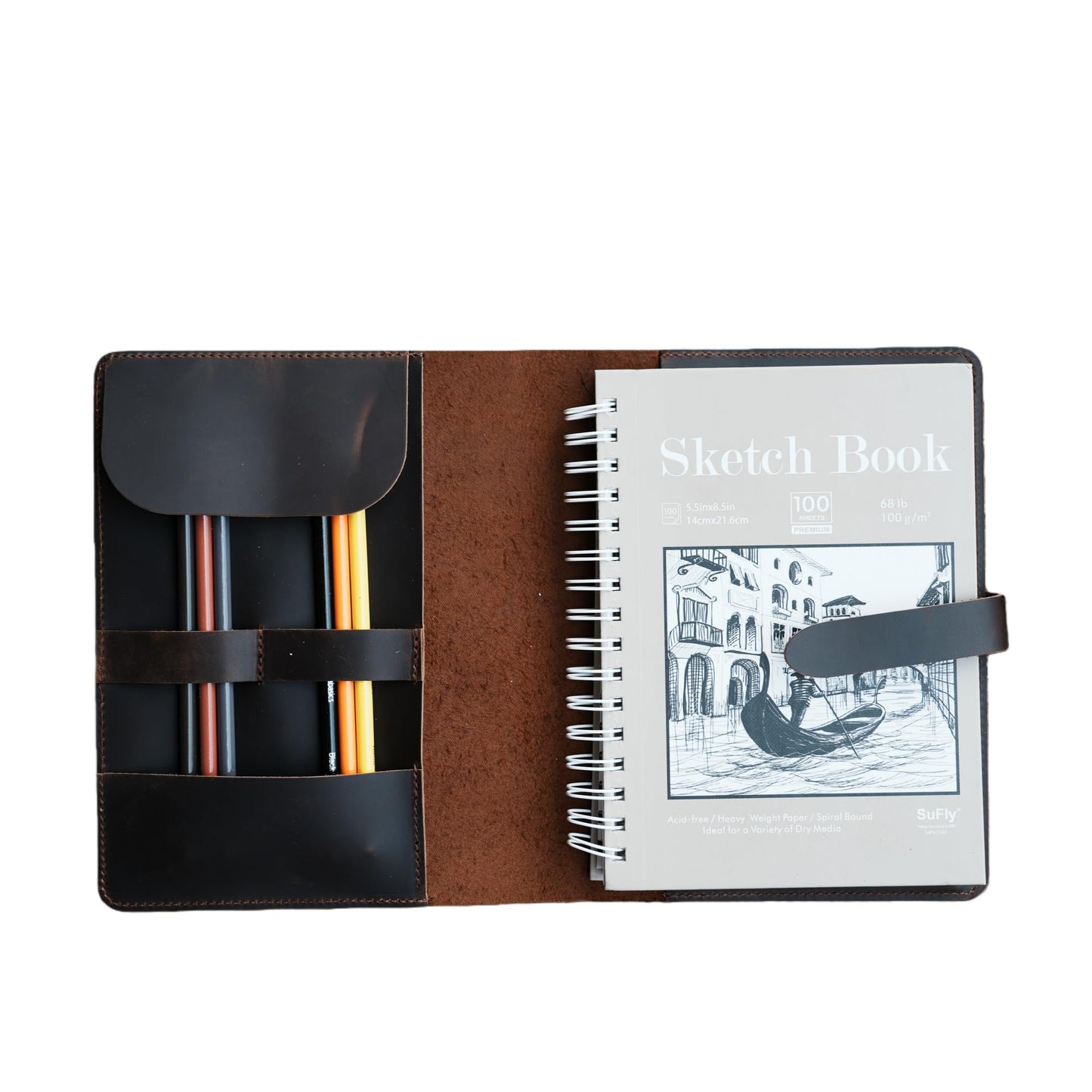 YIYUS Handmade Leather Sketchbook Cover, Leather Artist Sketch Pad Cover for 5.5" x 8.5" Sketchbook, Drawing Book and Pencil Case, Journal Notebook Portfolio, Artis Gifts Cover (Dark Brown)