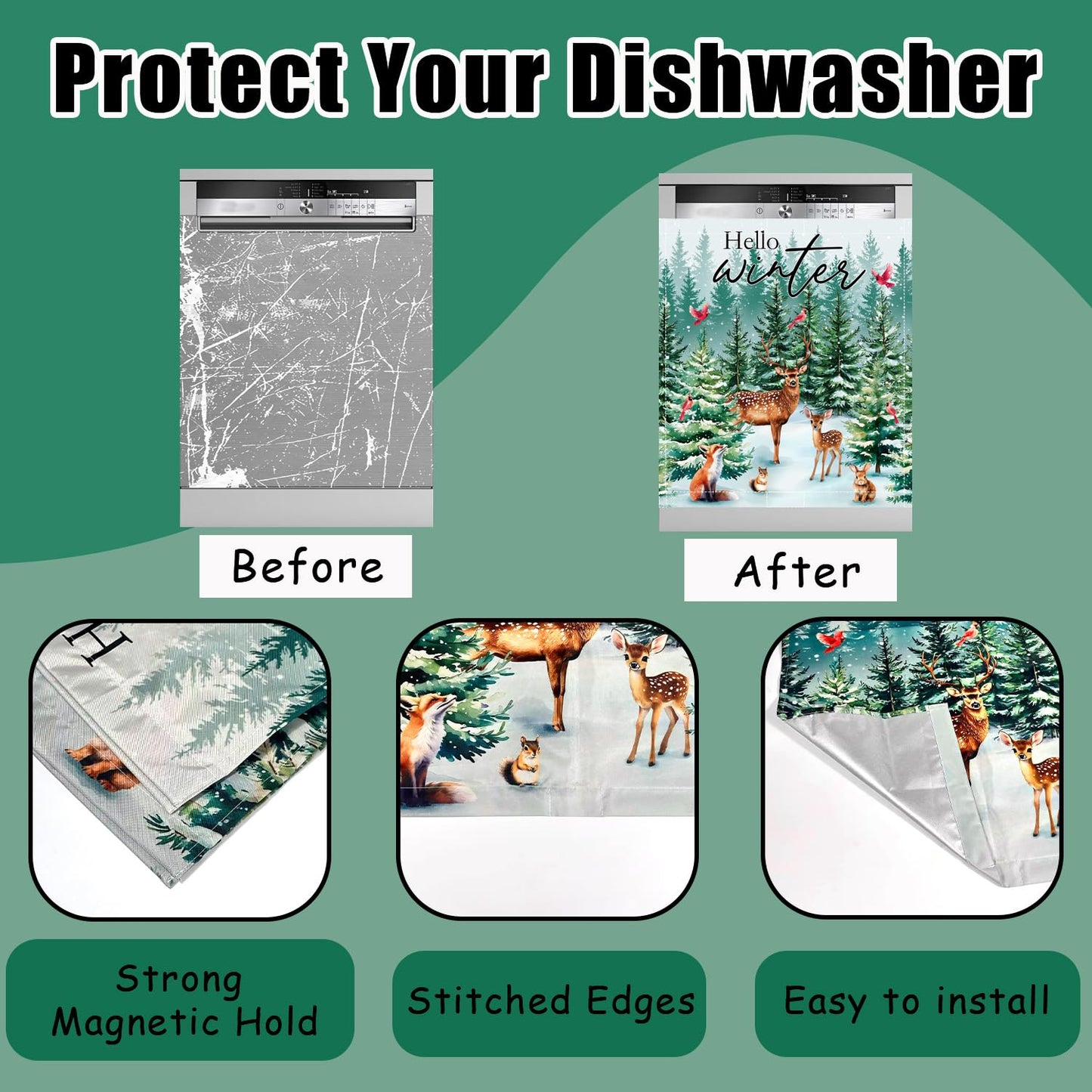 Hello Winter Dishwasher Magnet Cover 23x26in Christmas Dishwasher Cover for Washers Fridge Panel, Cardinal Bird Magnetic Covers for Kitchen, Machine Door Covers Decor, Christmas Deer Kitchen Decor