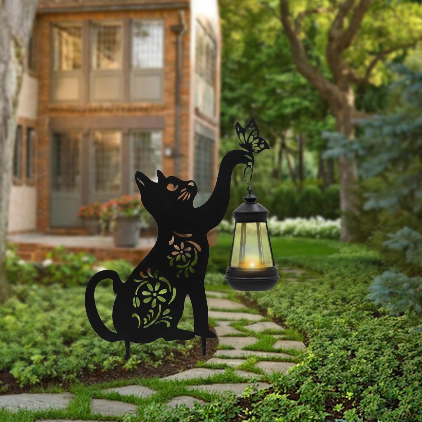 Black Cat Solar Light Outdoor Garden Decor - Metal Cat Holding Lantern Stake, Waterproof Solar-Powered Pathway Light for Yard Pathway Lawn Patio - Unique Gift for Halloween Christmas Garden Decor