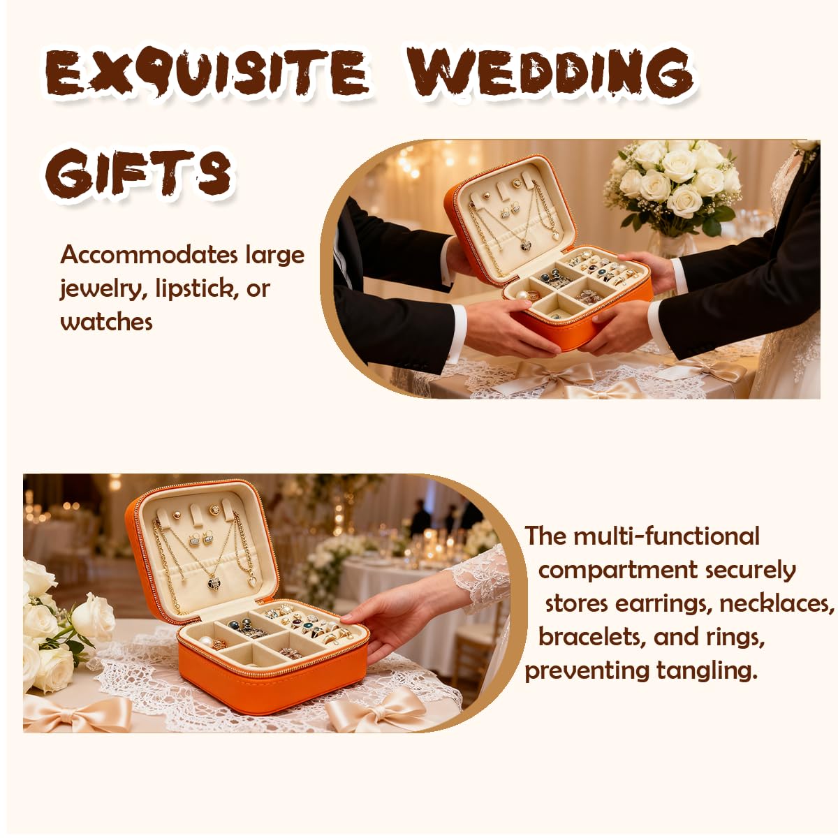 SMUVSMU 4 Pcs Travel Jewelry Box, Travel Mini Jewelry Organizer, Portable Mini Leather Jewelry Case Organizer for Earrings and Necklaces, for Women Girls,Orange