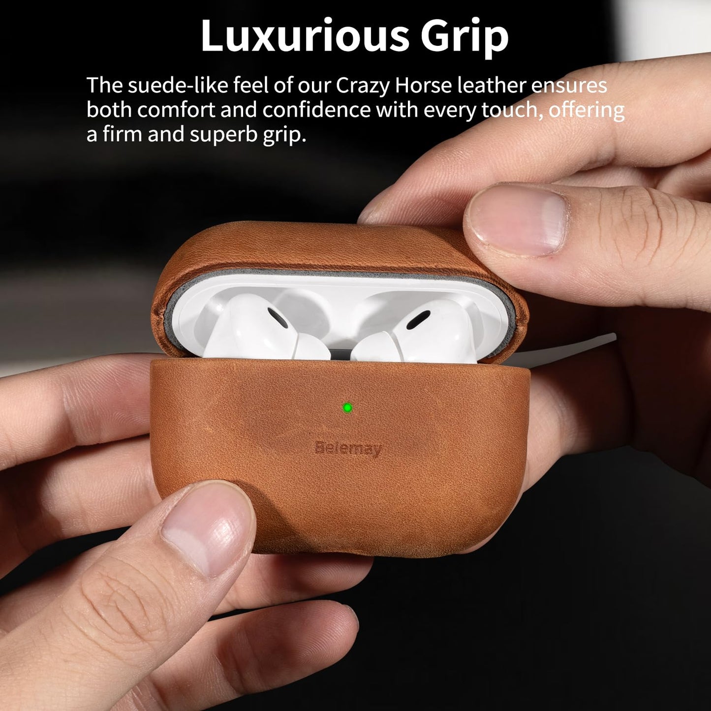 Belemay Handcrafted Crazy Horse Leather Case for AirPods Pro 3rd Gen (2025), Vintage Aesthetic, Two-Tone Effect, Unique Patina, Compatible with MagSafe, Compatible with Airpods Pro 3, Pine Green