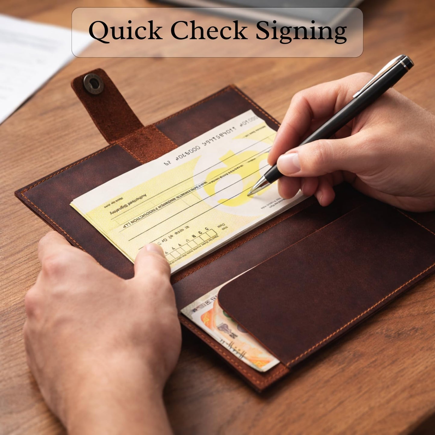 Brown Leather Checkbook Cover for Men & Women, Full Grain Check Book Wallet with Pen Holder, Fits Personal & Duplicate Checks, Slim Money Organizer Case, Durable Leather Checkbook Holder 7x3.75 Inches