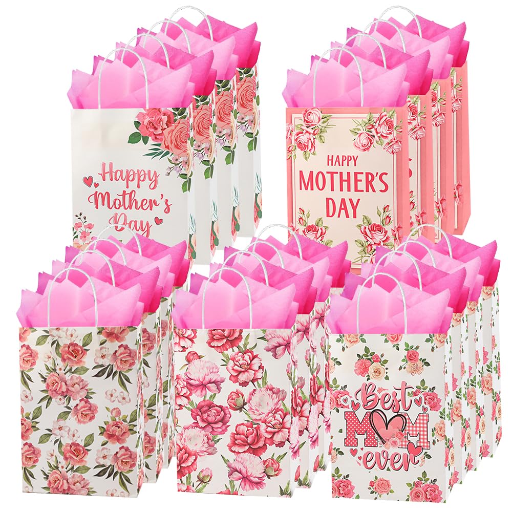 CMSSHUAI 20 Pcs Mother's Day Bags with Tissue Paper，Medium Small Mothers Day Bags with Handles Floral Mothers Paper Bags Treat Bags Candy Bags Bulk for Mom Grandma Wife Women