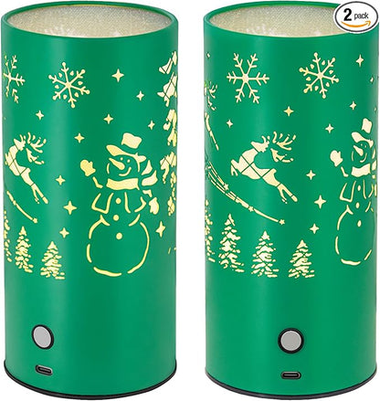 Christmas Table Lamp with Hollow-Out Design - Rechargeable Touch Control Dual Color LED, Warm/Cool White Metal Decor for Home Desk Party, 1200mAh Battery - 2pack(Greed)