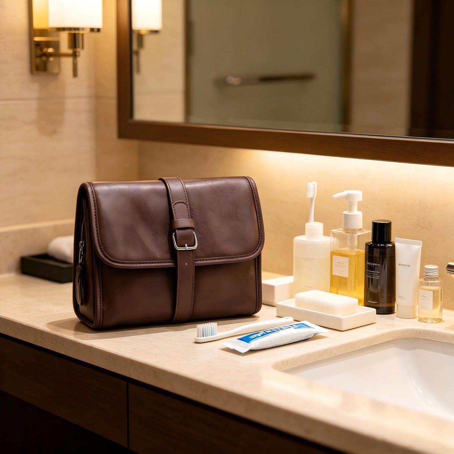 RCFJ b y K L A N D PU Leather Hanging Toiletry Bag for Men, Folding Travel Toiletry Dopp Kit with 4-Layer Organizer, Large Capacity PU Leather Grooming & Shaving Bag, Water Resistant