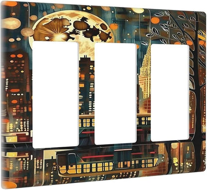 City Light Moon Bus Abstract Art 3 Gang Rocker Triple Outlet Wall Plate Decorative Switchplate Cover Faceplate GFCI Light Switch Covers for Farmhouse Living Decor