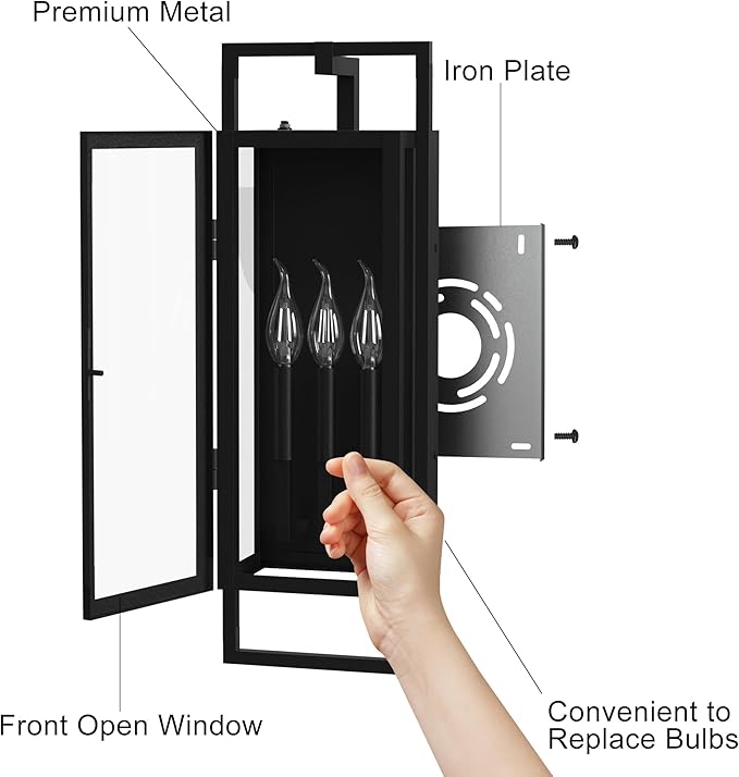𝟐𝟔.𝟑𝟖𝐈𝐍 Porch Light Outdoor, Dusk to Dawn Wall Lantern with Tempered Glass, Waterproof Outside Light Front Porch Light 3-Light, Matte Black Front Open Window Wall Sconce for Patio