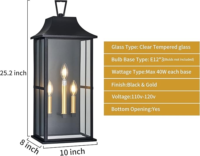 Outdoor Wall Lantern 3-Light, 25 "Large Outside Wall Sconce, Modern Black Wall Light Fixture with Glass, Waterproof Exterior Lamp for House, Porch, Garage,Bulbs Not Included