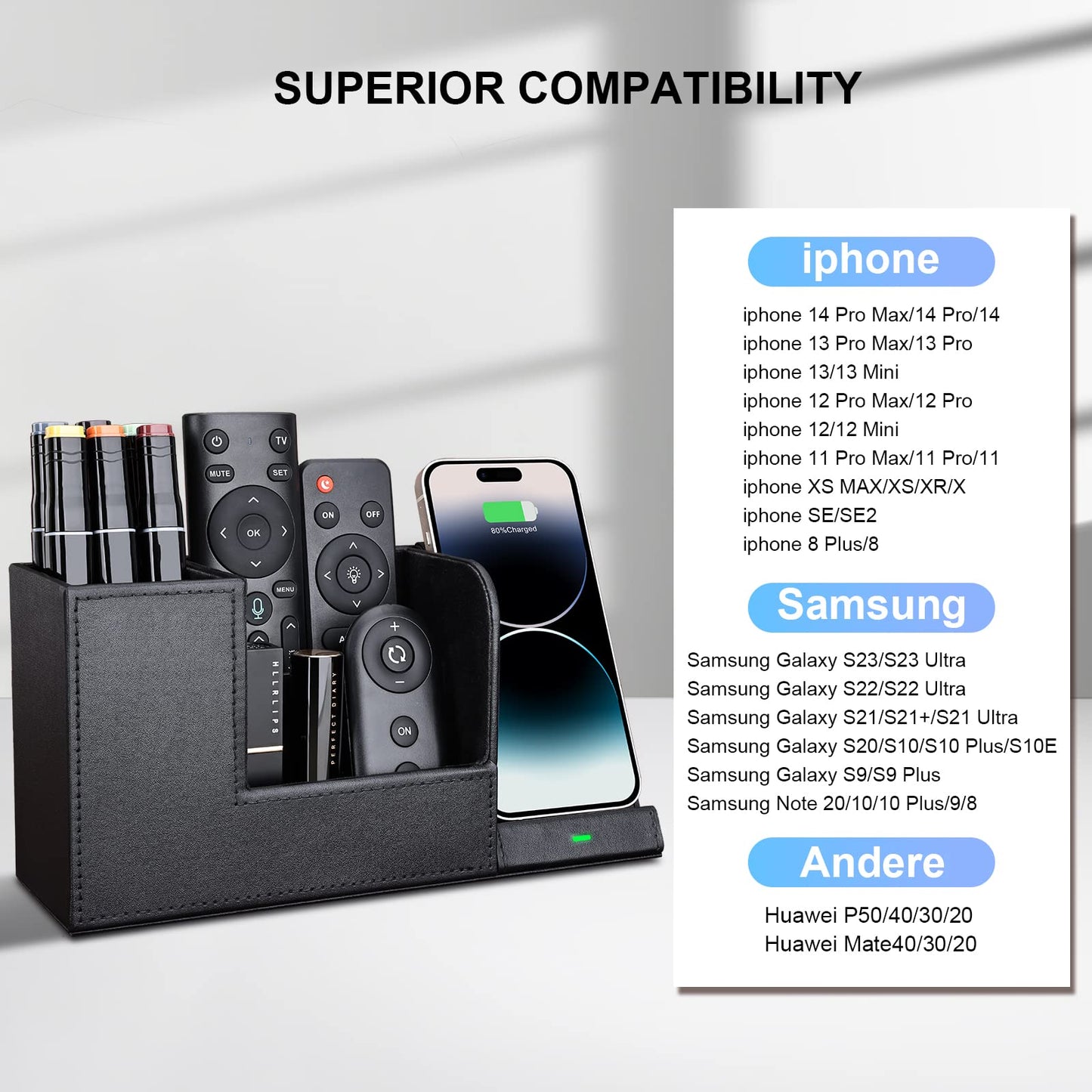 Wireless Charger with Desk Organizer, Wireless Charging Station for iPhone 13/13 Pro Max/13 Pro/12 Series/11/XS Max/XR/X/8Plus/SE 2, Wireless Charging Stand with Leather… (Black L)