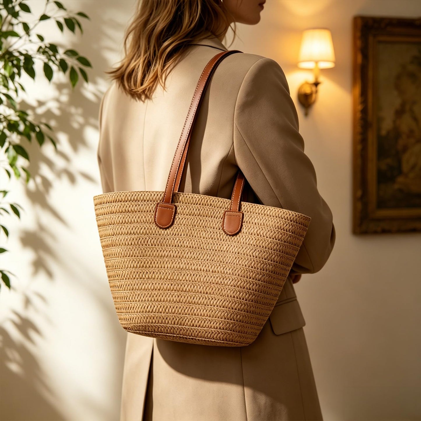 OKoriensuntek Straw Tote Bag for Women, Large Woven Beach Bag with Leather Shoulder Straps, Zippered Summer Tote Bag for Beach, Travel, Everyday Use，Brown