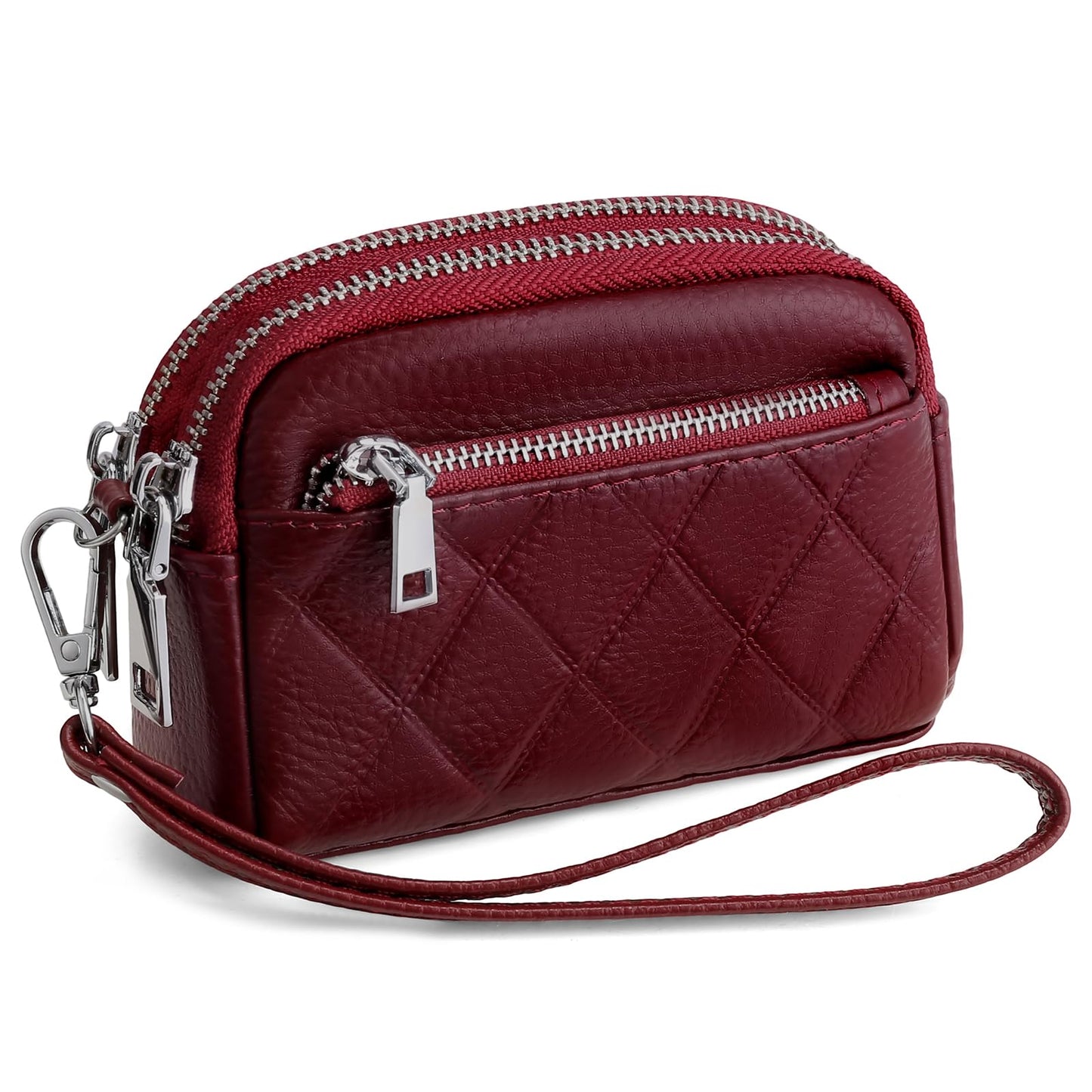 SENDEFN Women's Coin Purse Genuine Leather Wallet 3 Zippers Change Pouch with Wristlet