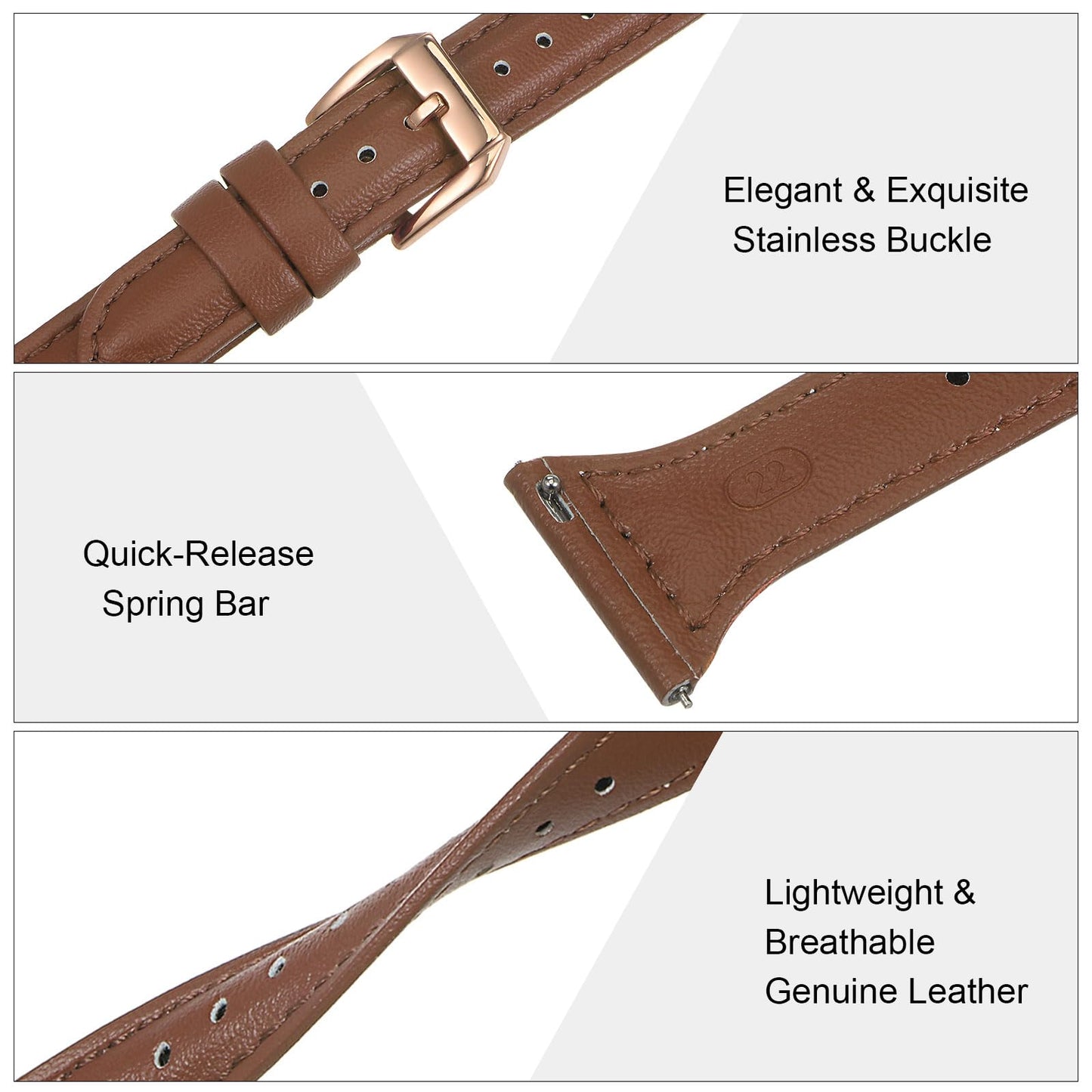 HARFINGTON Genuine Leather Watch Band 22mm Quick Release Elegant Slim Thin Top Grain Replacement Wristband Strap for Ladies/Children Watch & Smartwatch, Brown/Rose Golden Tone