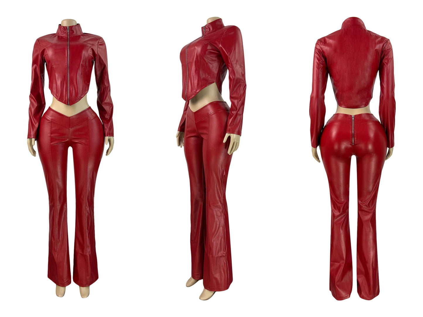 BIUPOS Women’s 2 Piece Sets Zip Up Long Sleeve Leather PU Jacket Flare Pants Set Fall Y2K Streetwear Date Night Club Outfits