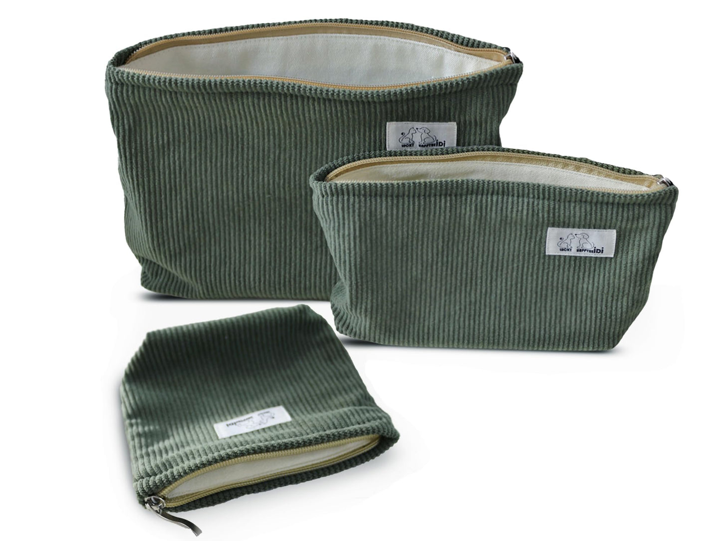 HAPPYHEIDI Corduroy Makeup Bag Set 3 Cosmetic Toiletry Travel Pouch Organizer for Purse Tote, Women Girls Gift, Large Medium Small, Solid Sage Green