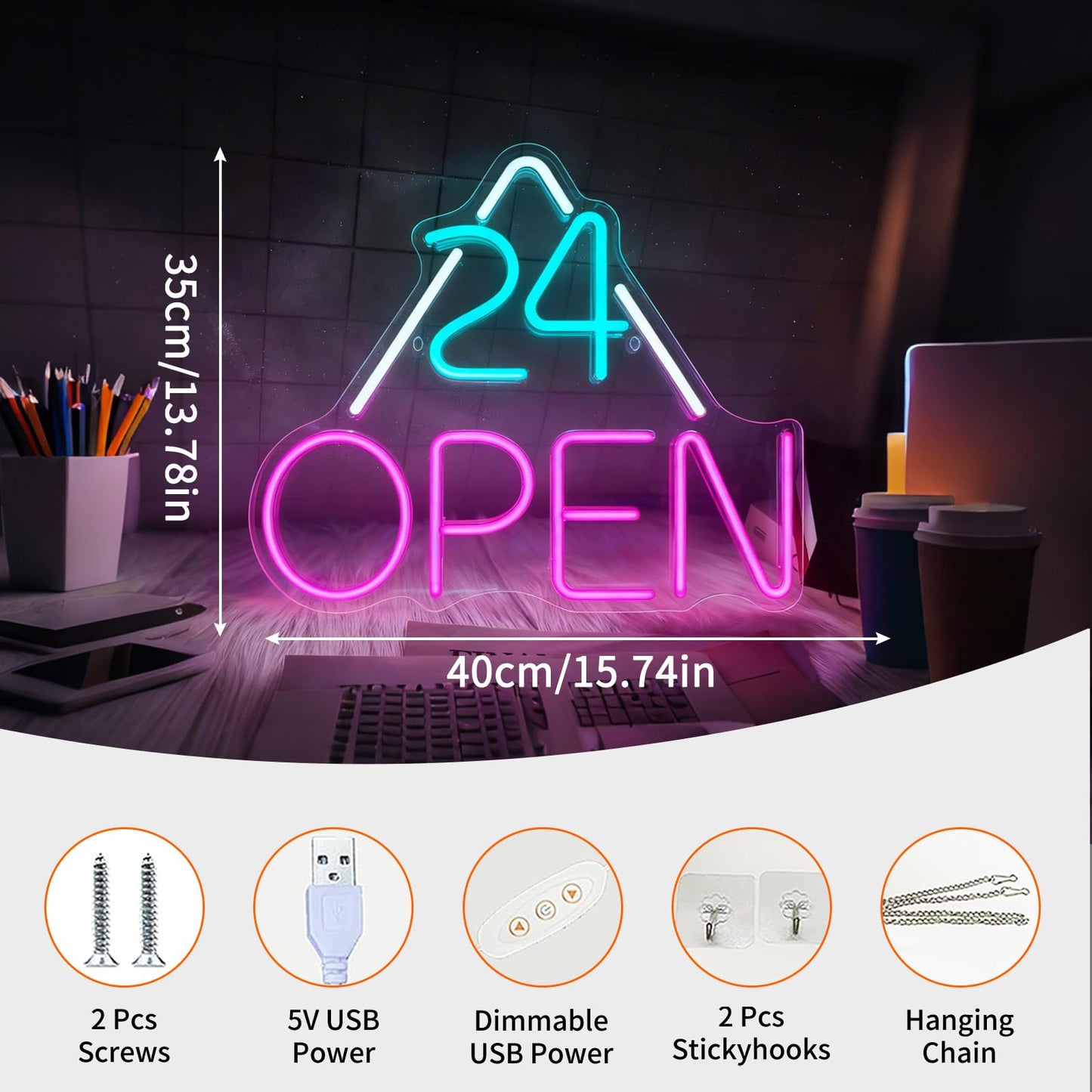 24 Open Neon Sign for Business - Dimmable USB Powered 24 Hour Open Sign for Cafe Bar Restaurant Retail Store Bakery Small Business Wall Table Neon Light Decor 15.7 x 13.8 In