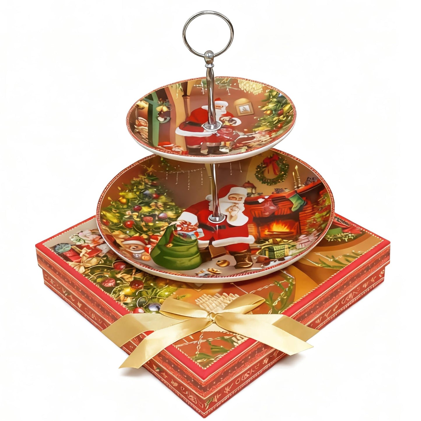 2-Tier Red Round Porcelain XMAS Cake Fruit Stand Plate with Gift Box, Cupcake Serving Display Set, Ceramic Pastry Tray Towers Platter for Dessert Appetizer Candy Buffet for Home Party (Christmas Man)