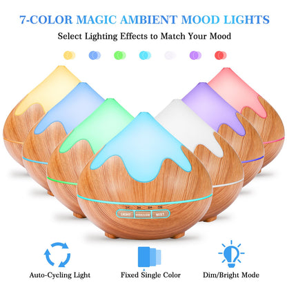 Essential Oil Diffuser for Home 500ML, Ultrasonic Large Diffuser Oil Machine with Remote Control, Aromatherapy Diffusers for Home Office Room, Aroma Diffuser with 14 Color LED & 2 Mist Mode, Brown