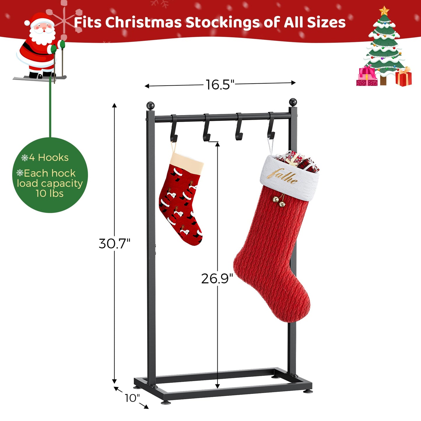VERSASKY Christmas Stocking Holder Stand for Floor, Free Standing Stocking Rack with 4 Removable Hooks, Heavy Duty Metal Frame, 40 lbs Capacity, Adjustable Feet for Stable Display, Black