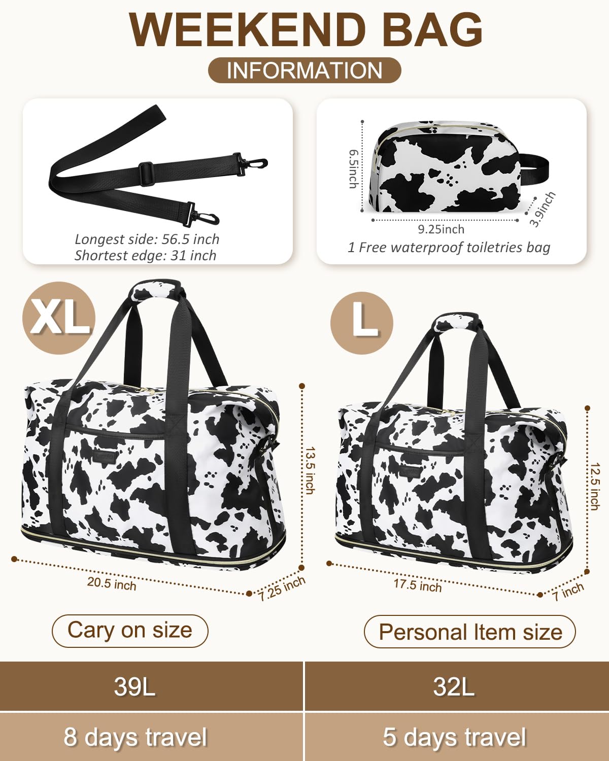 Expandable Travel Duffle Bag, Waterproof Weekender Overnight Bags for Women Men Hospital Bag for Women Labor Delivery Carry on Bag with Toiletry Bag for Travel Gym Airplanes(Cow Print, X-Large)