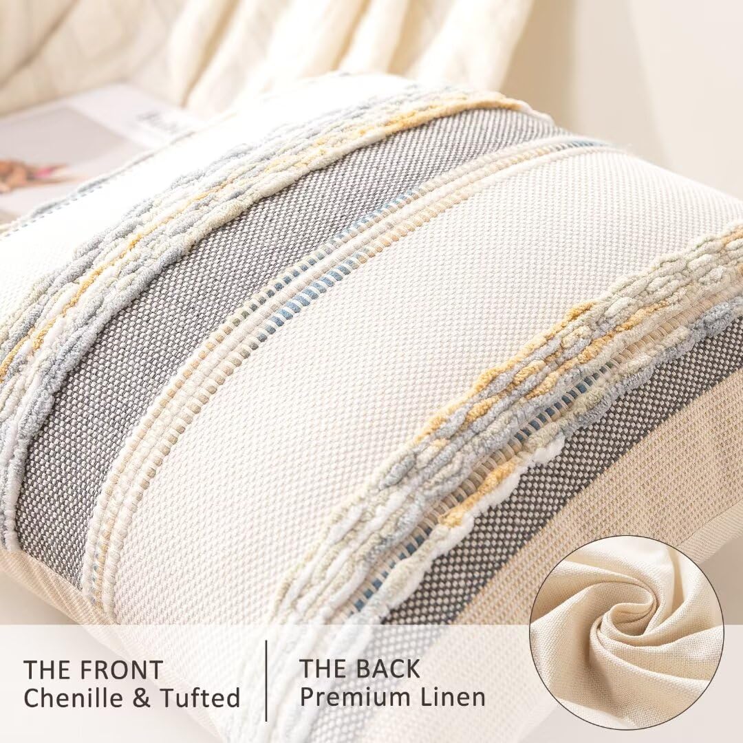 WANLIRD Boho Throw Pillow Covers 18x18 Set of 2 Farmhouse Decorative Cushion Case Striped Square Pillows Cover Chenille Pillow Cases Accent Neutral Pillowcase for Sofa Couch Bed,Orange-Gray