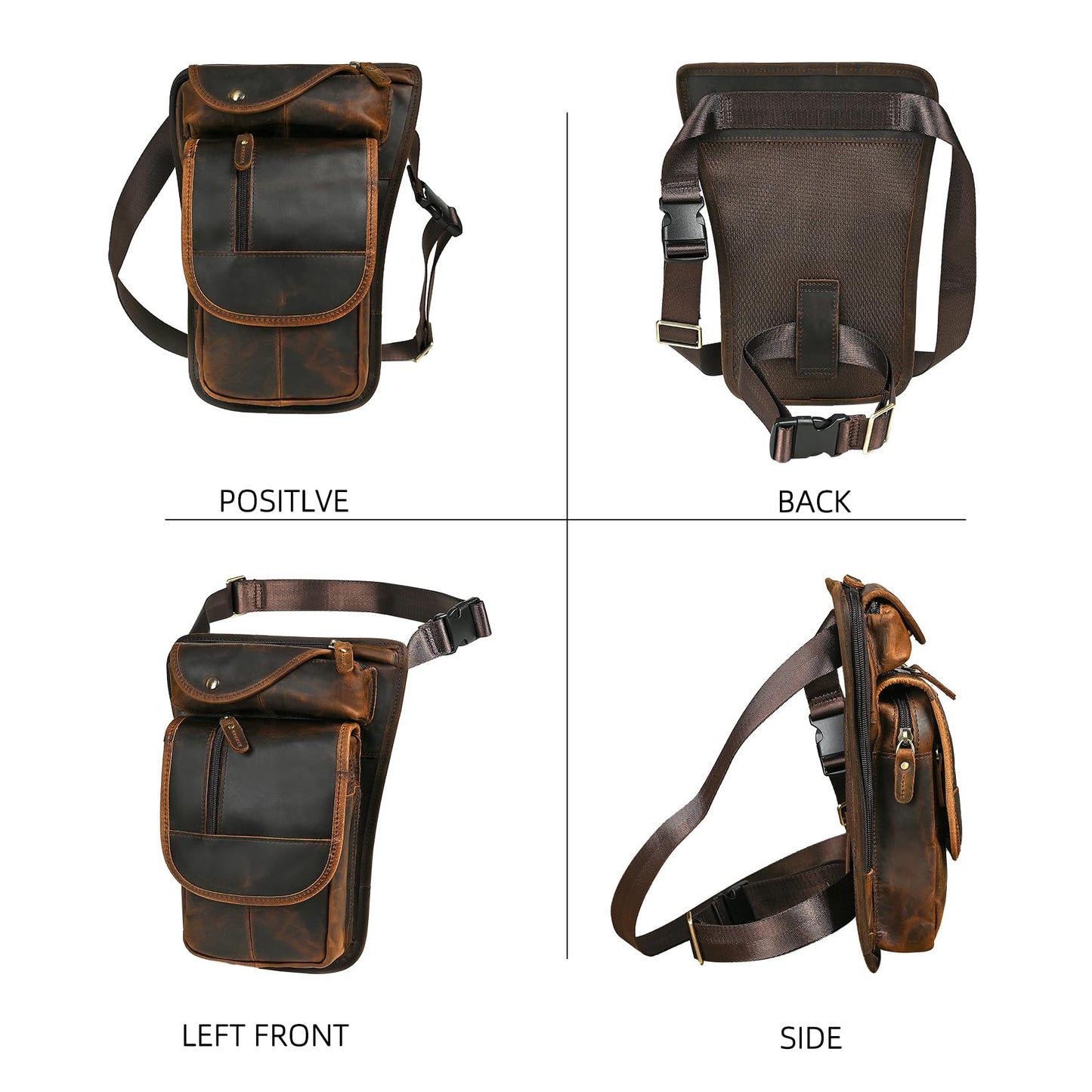 Handadsume Water Resistant Canvas + Leather Motorcycle Travel Fanny Waist Pack Drop Thigh Leg Bag Pouch For Men Women FB913-5 (100% Genuine Leather-X3112 Brown)