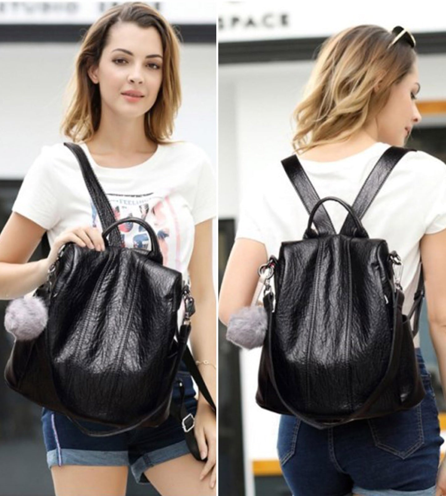 myfriday Vintage Faux Leather Backpack for Women, Soft Rucksack Backpack with Anti-Theft Pocket Convertible Shoulder Handbag (Black)