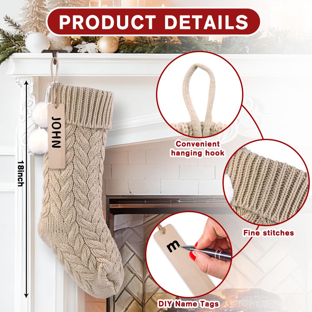 Teeanzo 4Pack 18 Inches Christmas Knitted Hanging Stockings,Xmas Large Farmhouse Rustic Neutral Cable Knit Personal Stockings Decorations for Christmas Tree Fireplace Family Holiday Party Decor