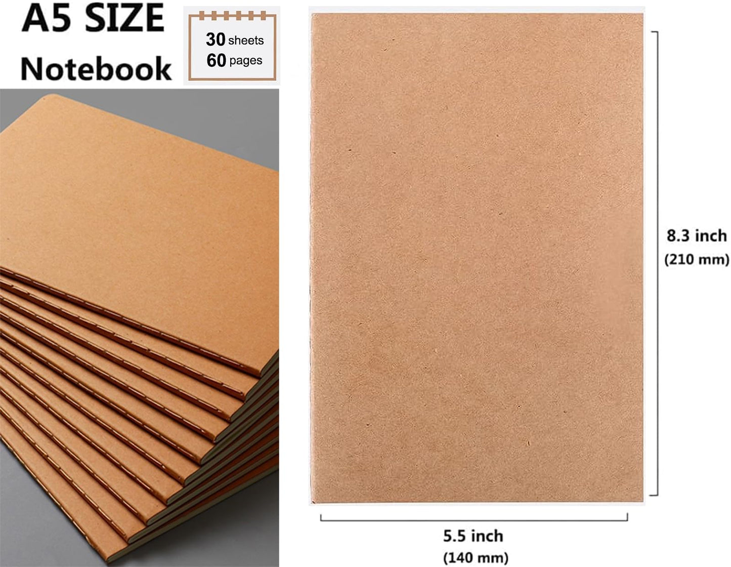 FAWTEEM 24 Pack A5 Blank Notebook Bulk Kraft Cover Blank Sketch Book Pad Travel Journals Composition Diary Subject Notebooks Planner 60 Pages, 8.3”x 5.5”