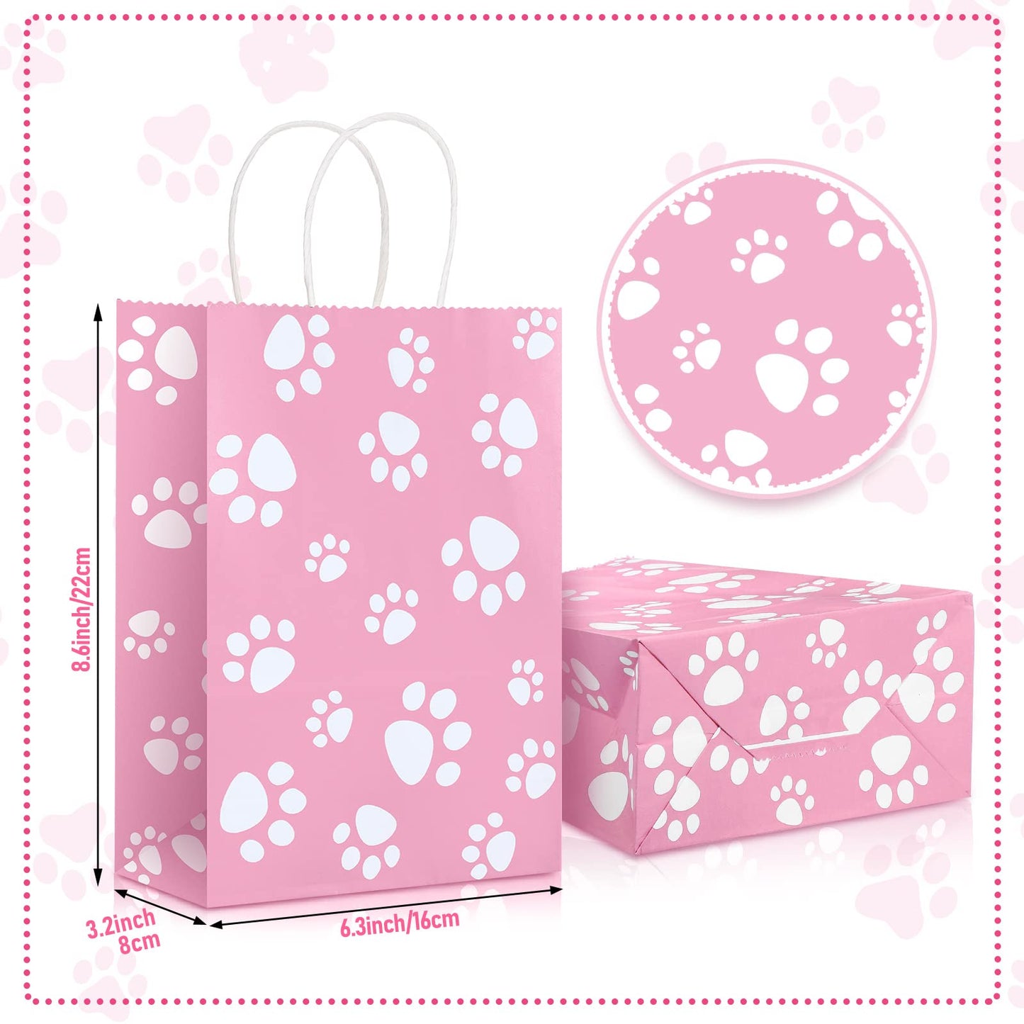 Blulu 20 Pcs Puppy Dog Paw Gift Bags with Paper Twist Handles, Dog Gift Paper Paw Treat Goodie Bags for PET Treat Party Favor, 6.3 x 3.1 x 8.6 Inch(Pink Backing)