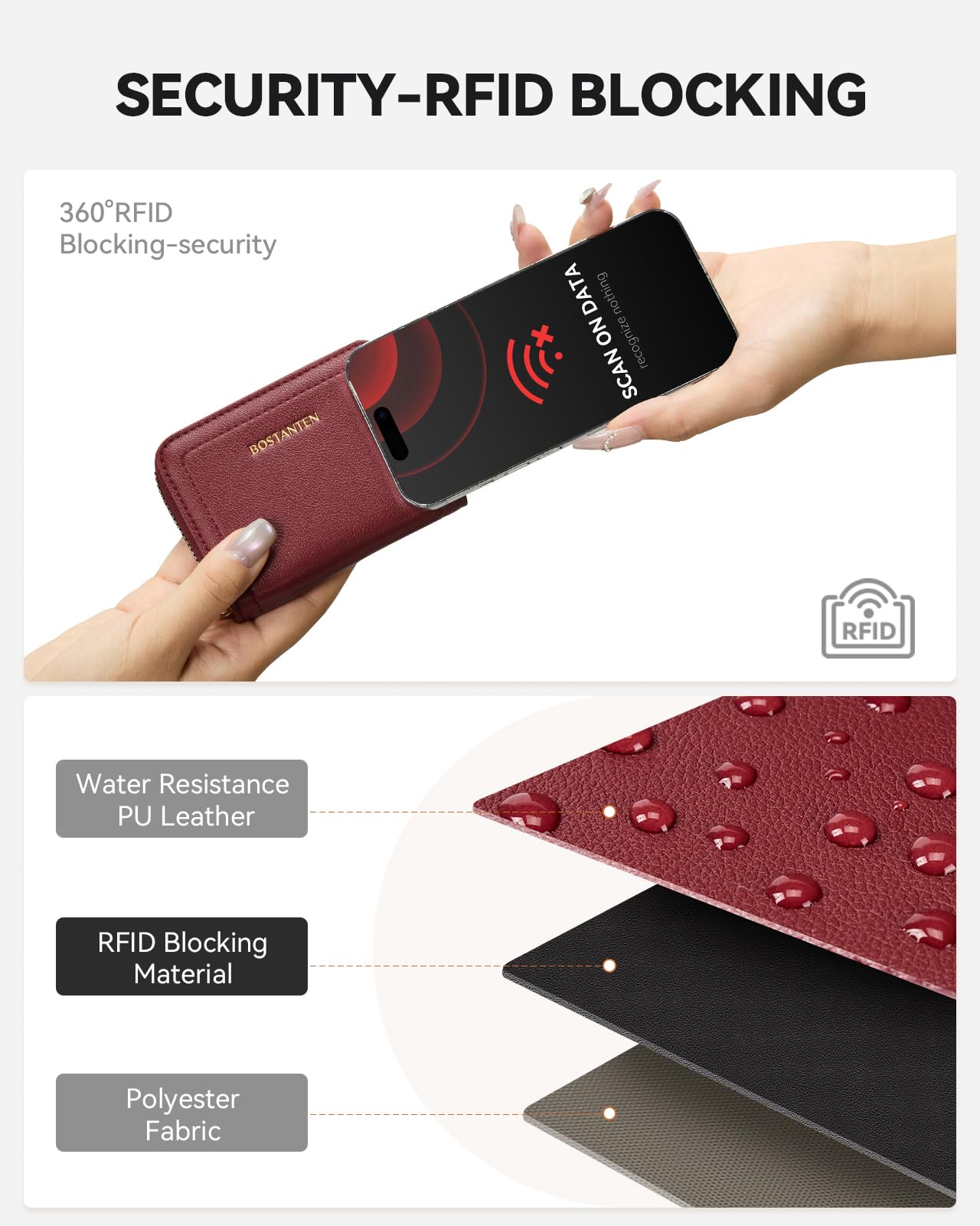 BOSTANTEN Credit Card Holder RFID Leather Small Wallets Woman, Accordion Zipper Card Wallet, Wine Red