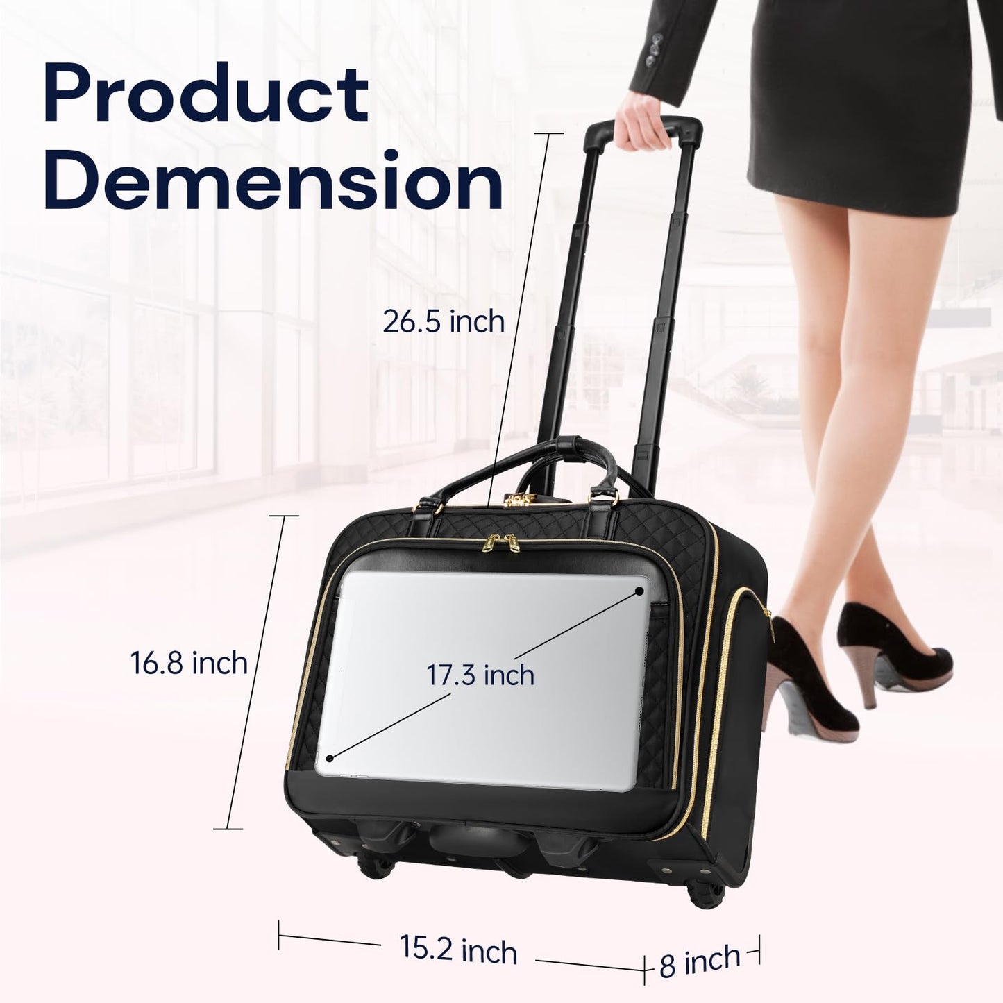 Ytonet Rolling Briefcase for Women, 17.3 Inch Rolling Laptop Bag with Lock, Water Rresistant Wheeled Computer Bag with Insulated Pocket, Roller Bags for Work Travel Overnight Teacher, Black