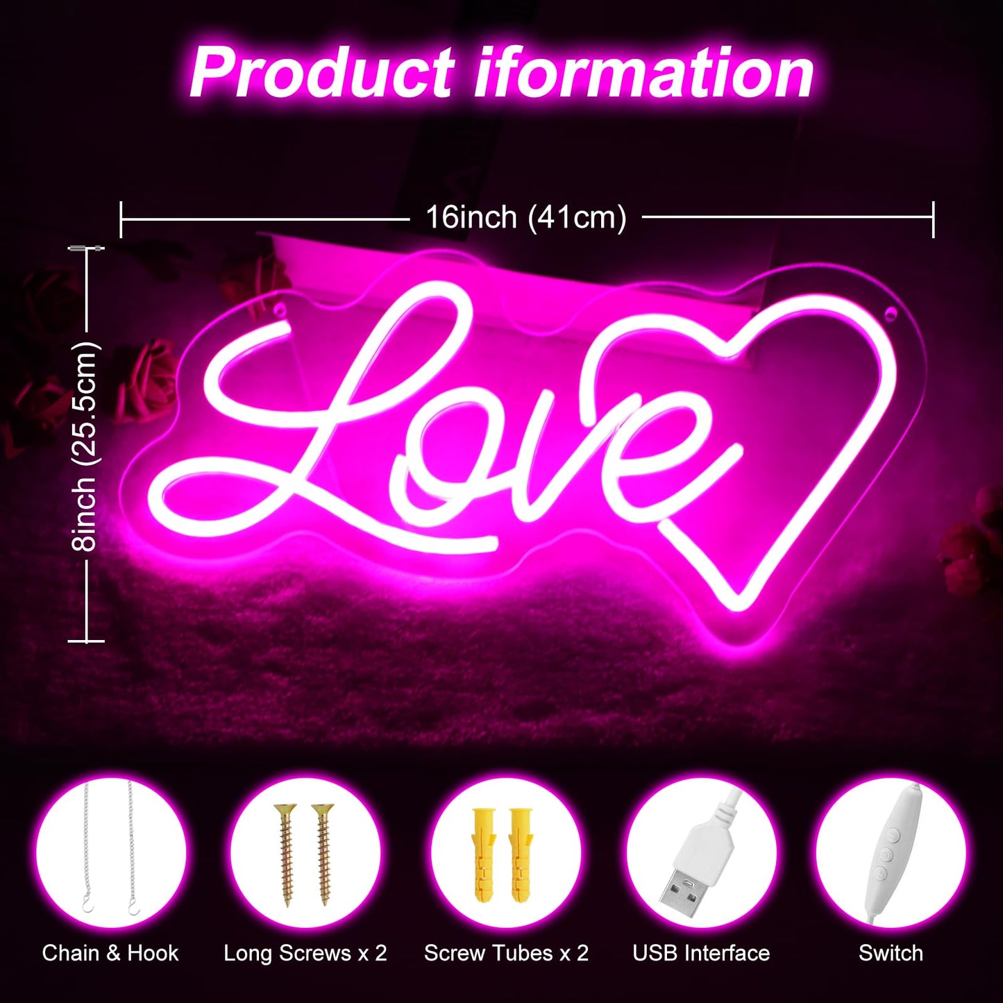 Love Neon Sign Wedding Neon Sign, Neon Heart Light for Wall Decor Engagement Personalized Gifts, Proposal Birthday Party Girls, Valentine's, Anniversary, Room Bathroom Decoration Gift