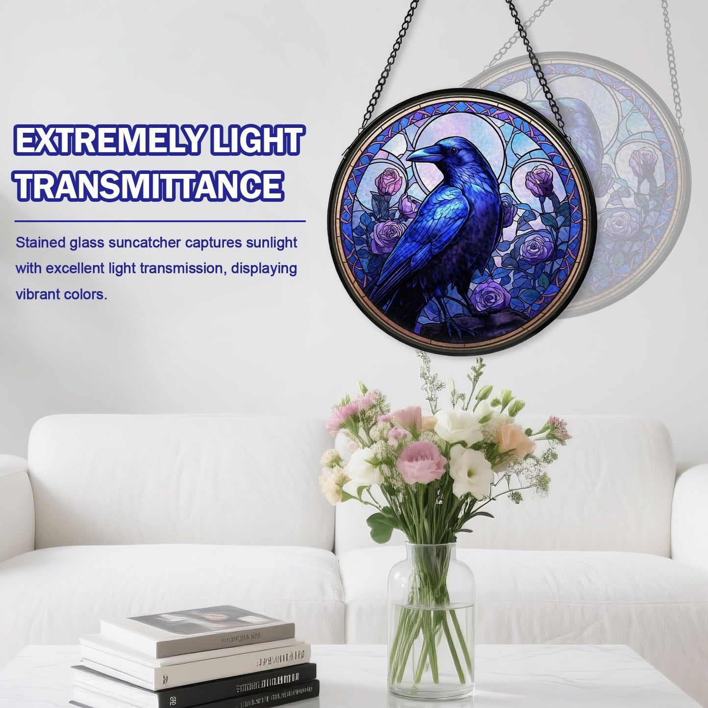 Crow Stained Glass Window Hanging, Raven Suncatcher Diamond Glass Panel Hangings, Sun Catchers Indoor Windows Wall Art, Gift for Birds Lover, Christmas Decor for Home Garden Office Purple 7.87 inches