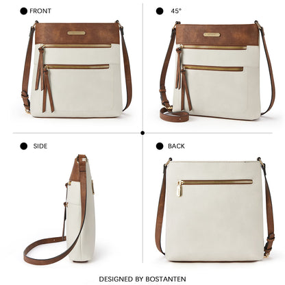 BOSTANTEN Crossbody Bags for Women Trendy Vegan Leather Purse Designer Shoulder Handbags with Adjustable Strap Zipper Pocket Beige with Brown