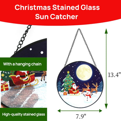 Christmas Stained Glass Suncatcher Window Decor with Santa, Reindeer, Snowman Home Decoration Indoor for Bedroom Living Room Door Wall for Women Men Friend Parent Lover, 7.8 Inch
